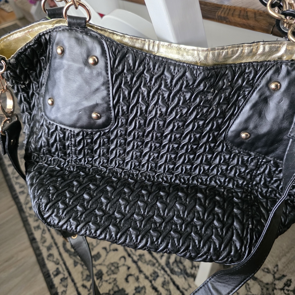 Black Quilted Shoulder Bag with Gold Trim